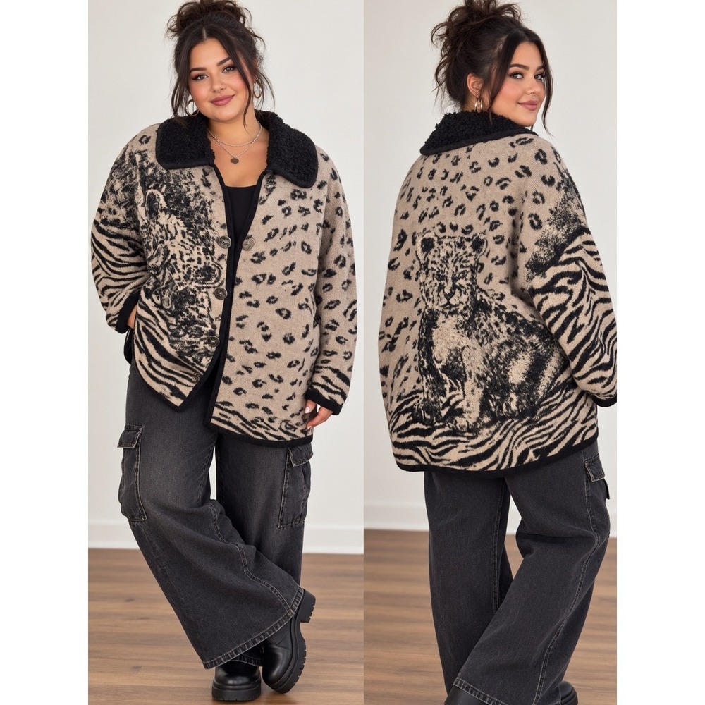 Cedar Canyon Animal Print Wool Blend Cardigan Jacket Sherpa Collar 1X